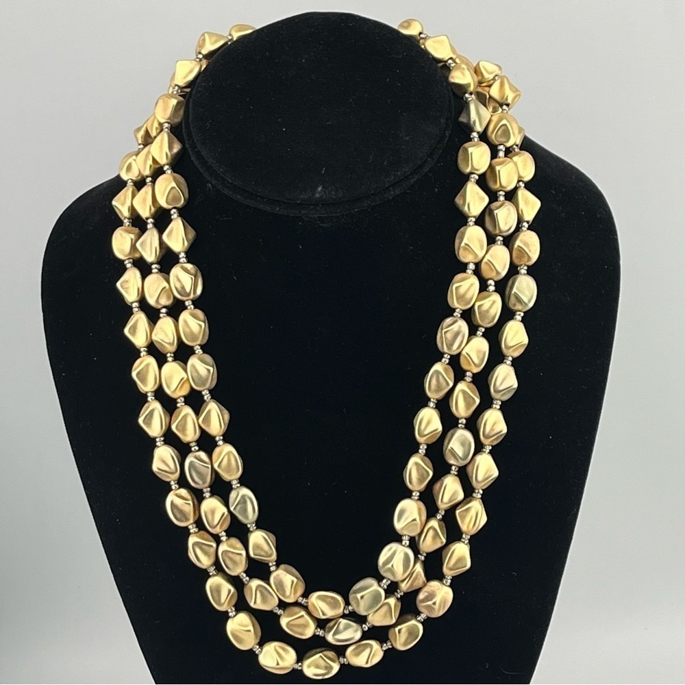 Chico's Matte Gold 3, Three, Triple Stran Chuckie Layered Bib Fashion Necklace